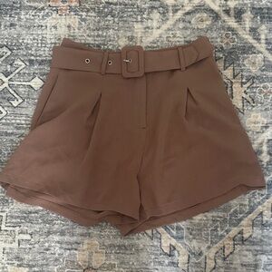 Brown Belted Pleated Women Shorts